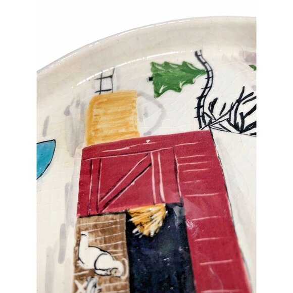 Vtg Ceramic Round Tray 7" Hand Painted Nativity Country Christmas Barn 55 Signed - Picture 6 of 9